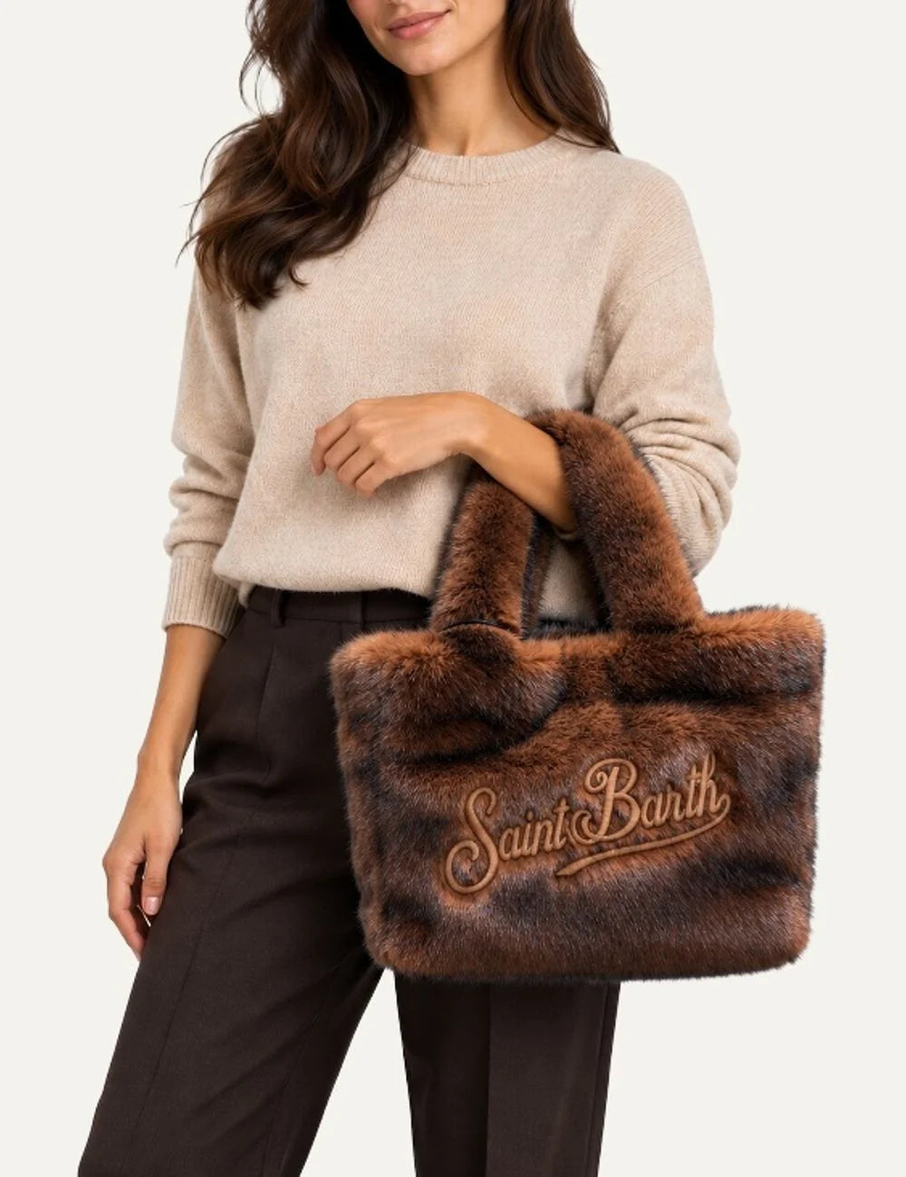 Mc2 Saint Barth Colette Soft Fur brown faux fur tote bag with copper tones, dark shading, plush handles and embroidered logo model