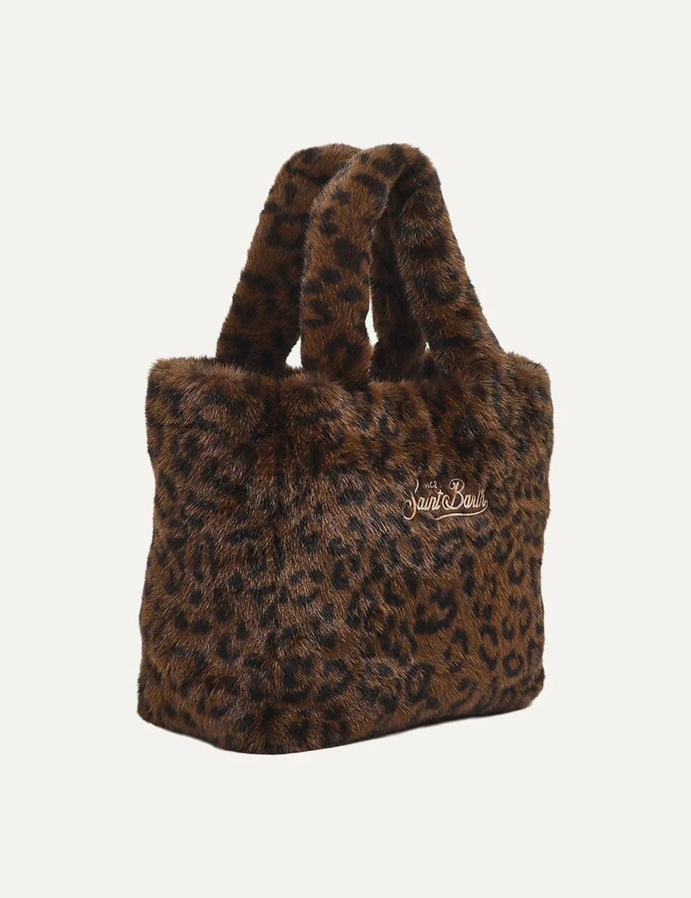 MC2 Saint Barth Colette Soft Fur dark brown leopard print tote bag with plush handles and beige embroidered Saint Barth logo side