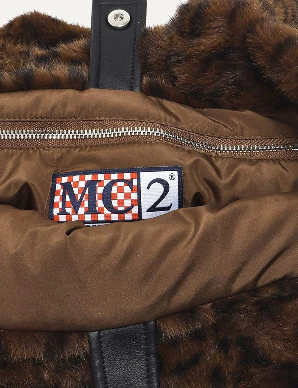 MC2 Saint Barth Colette Soft Fur dark brown leopard print tote bag with plush handles and beige embroidered Saint Barth logo top
