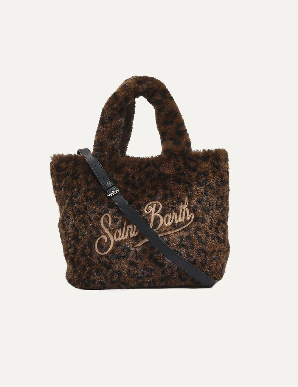 MC2 Saint Barth Colette Soft Fur dark brown leopard print tote bag with plush handles and beige embroidered Saint Barth logo