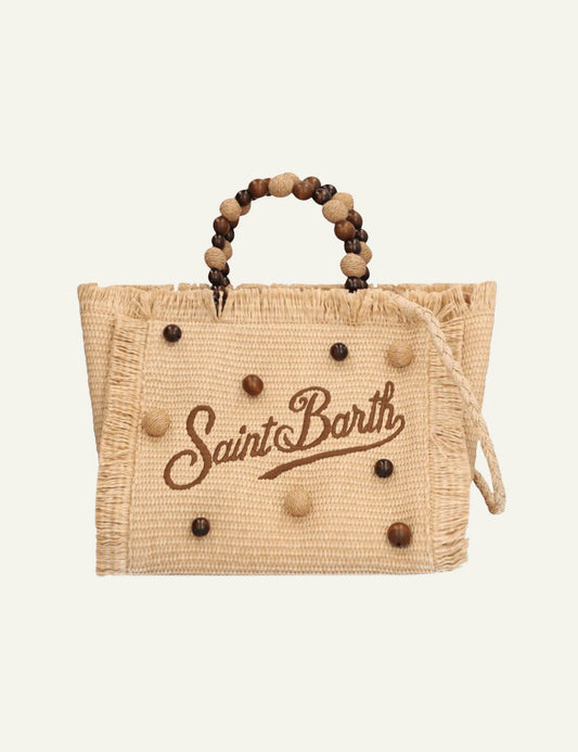 MC2 Saint Barth Colette straw bag beige beads handle logo front view