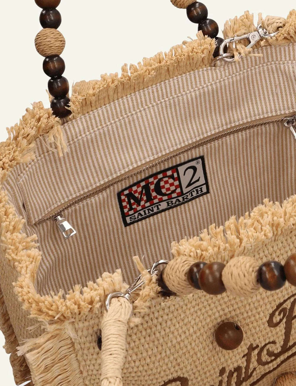 MC2 Saint Barth Colette straw bag beige beads handle logo top view