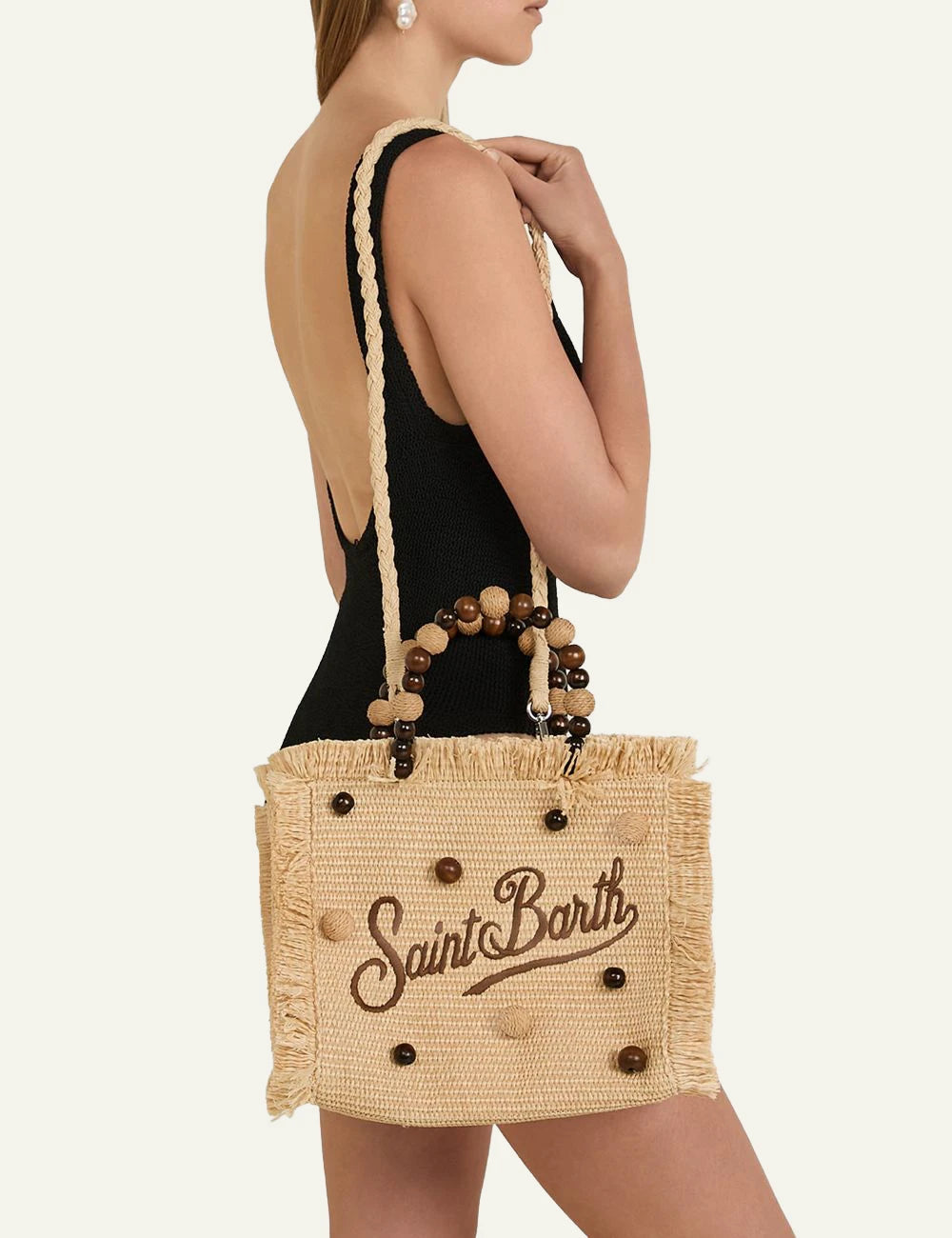 MC2 Saint Barth Colette straw bag beige beads handle logo front model view
