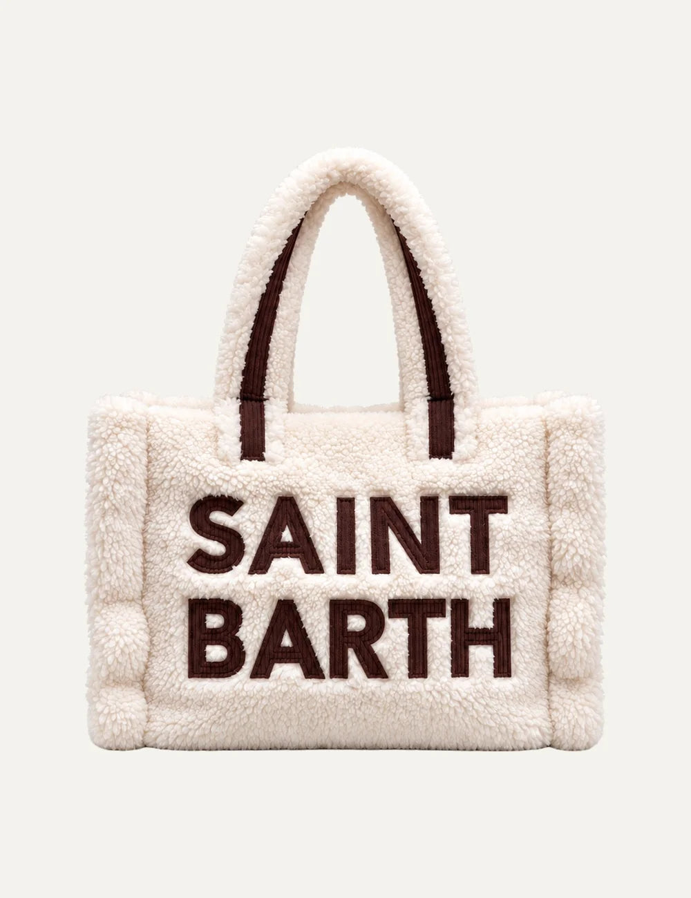 MC2 Saint Barth Colette Teddy cream faux shearling tote bag with dark brown oversized Saint Barth lettering and matching plush handles
