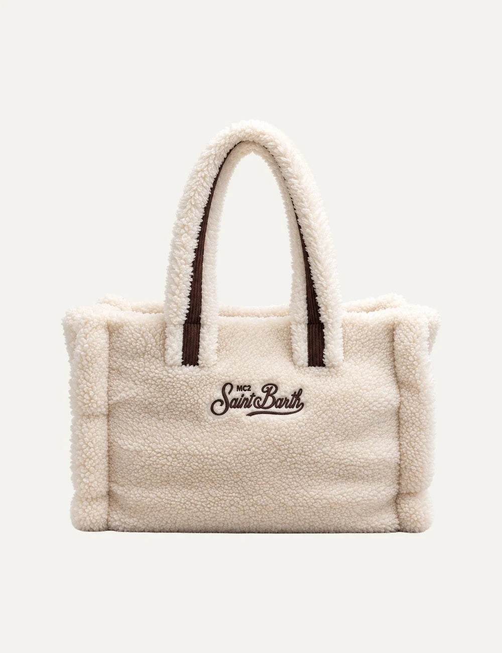 MC2 Saint Barth Colette Teddy cream faux shearling tote bag with dark brown oversized Saint Barth lettering and matching plush handles back