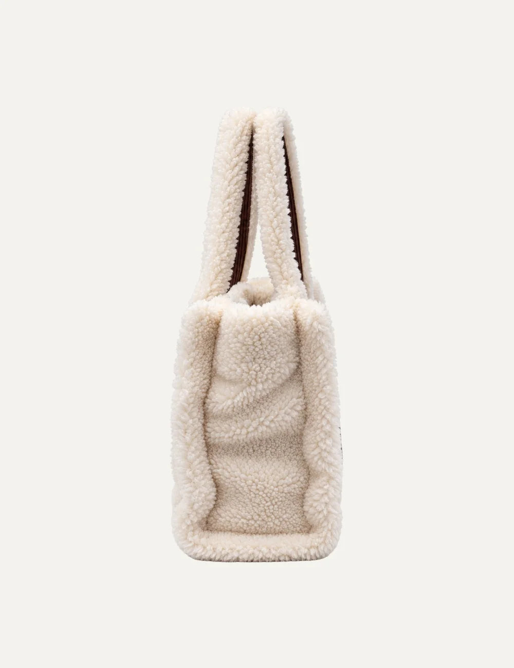 MC2 Saint Barth Colette Teddy cream faux shearling tote bag with dark brown oversized Saint Barth lettering and matching plush handles side