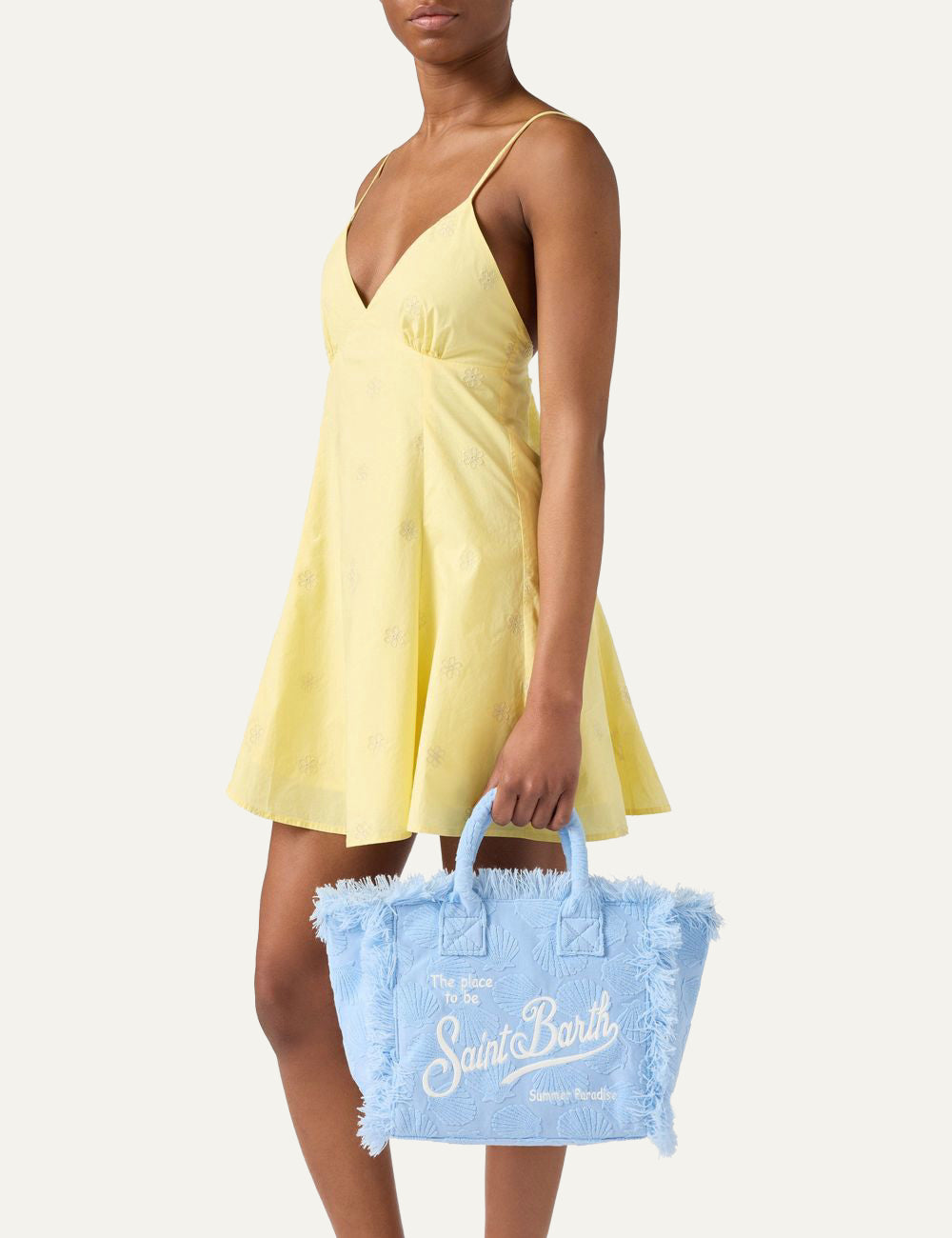 mc2 saint barth colette terry shell bag light blue fringed tote front model view