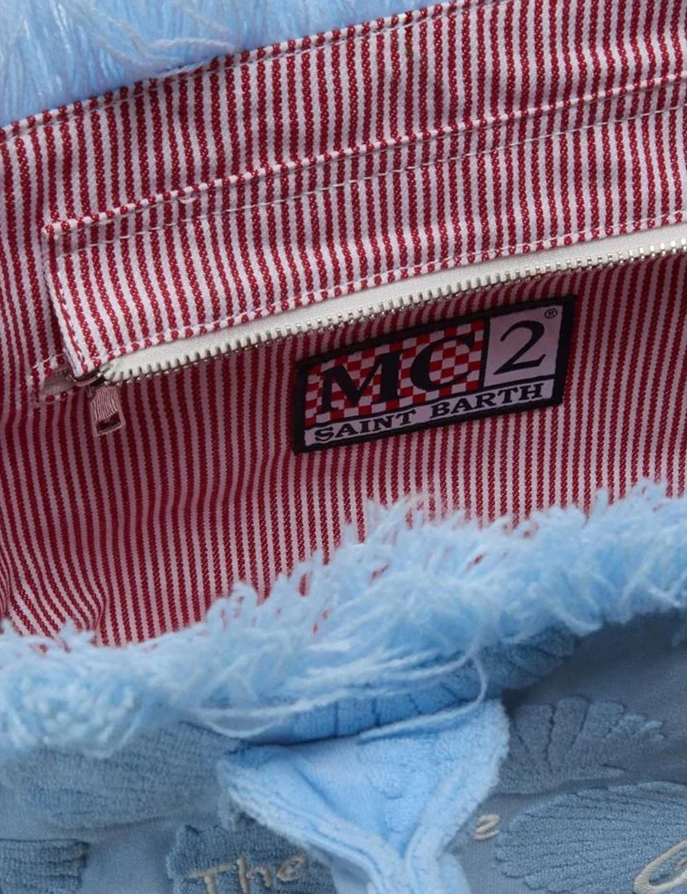 mc2 saint barth colette terry shell bag light blue fringed tote top view