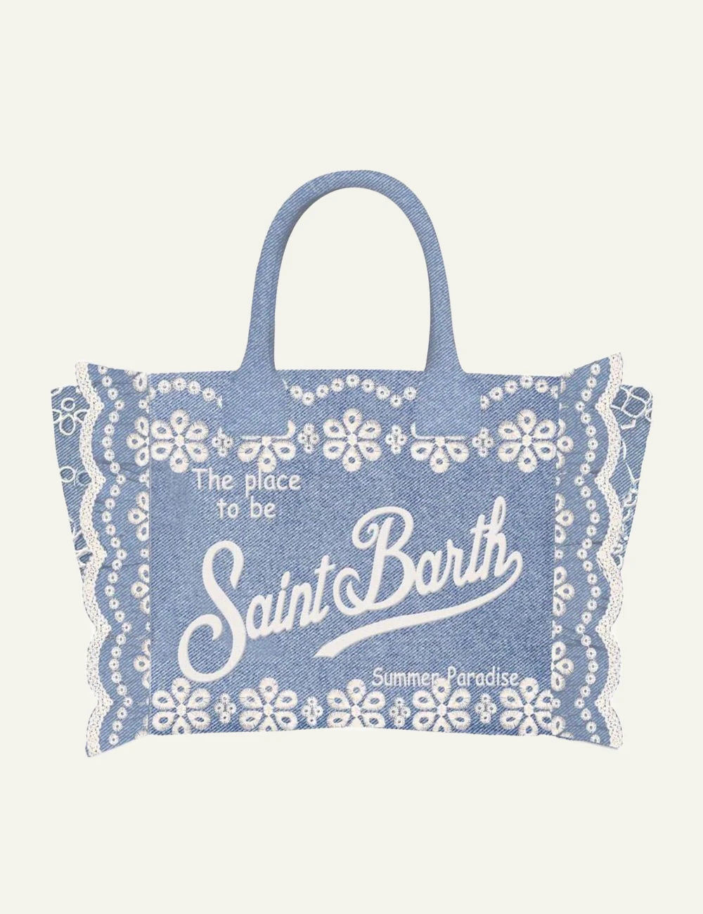 Mc2 Saint Barth Colette volant denim handbag blue embroidery front view