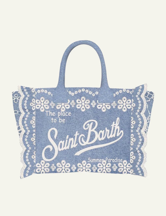 Mc2 Saint Barth Colette volant denim handbag blue embroidery front view