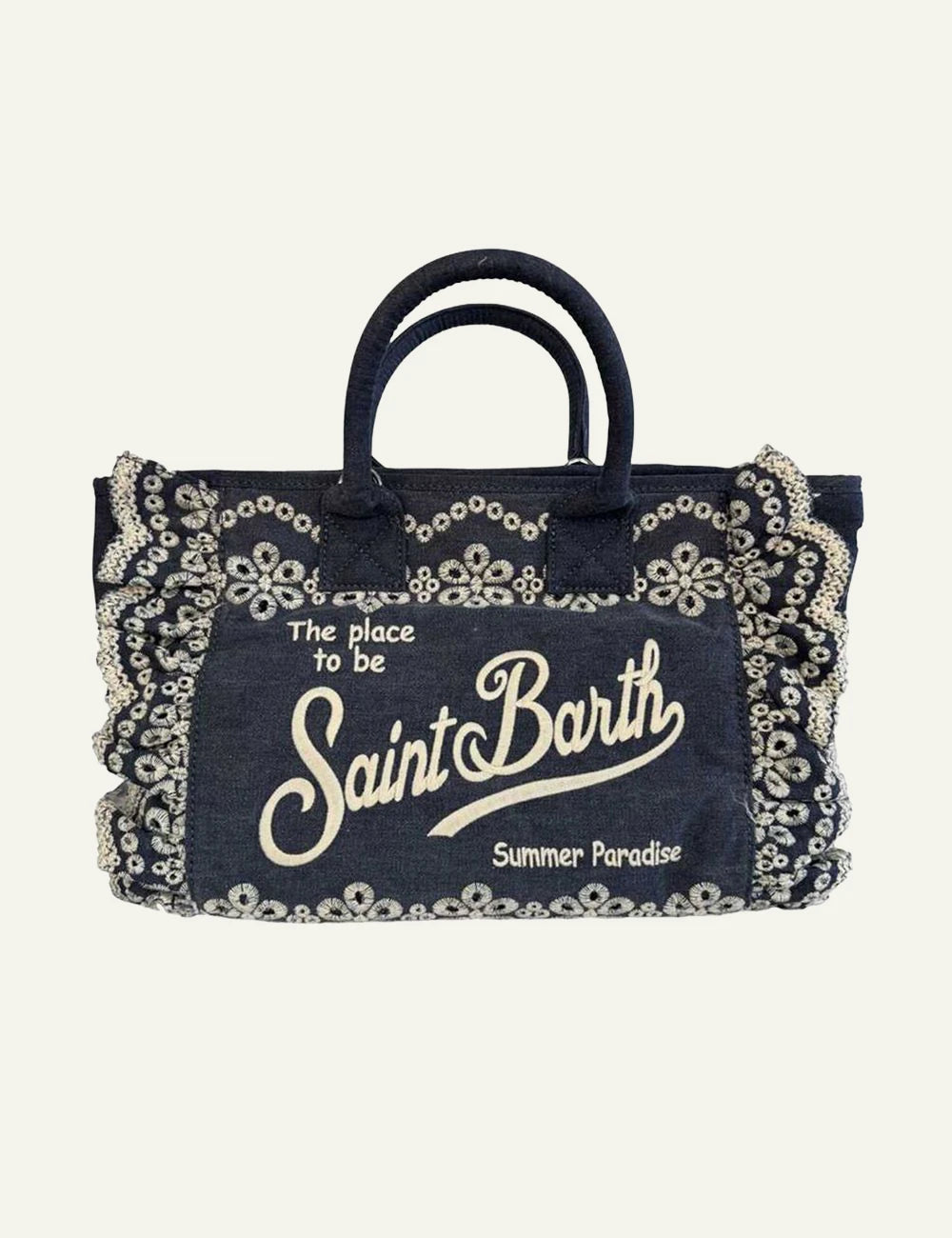 Mc2 Saint Barth Colette volant denim bag dark blue embroidery front view