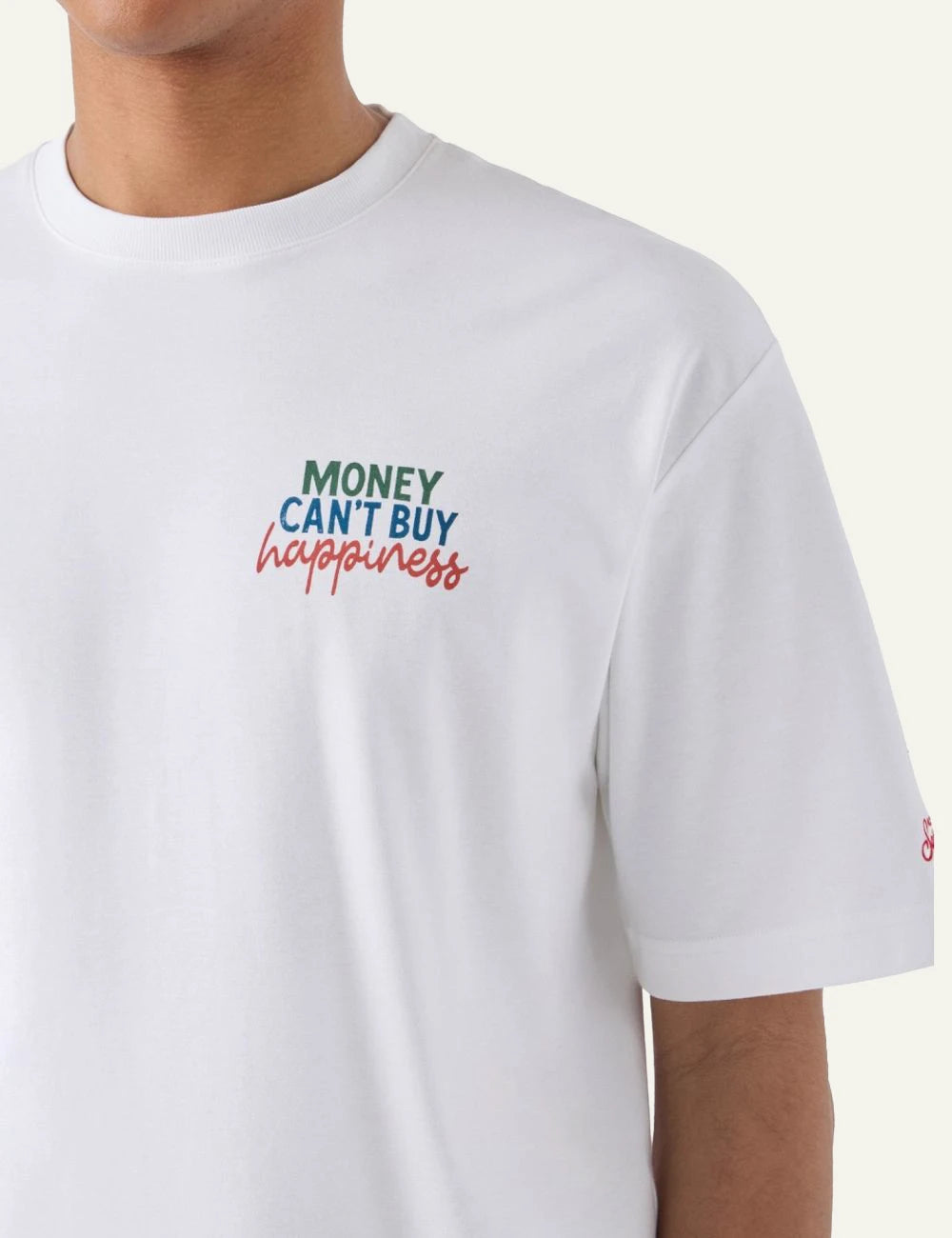 MC2 Saint Barth Delmar t-shirt white cotton money cant buy happiness back print detail model view