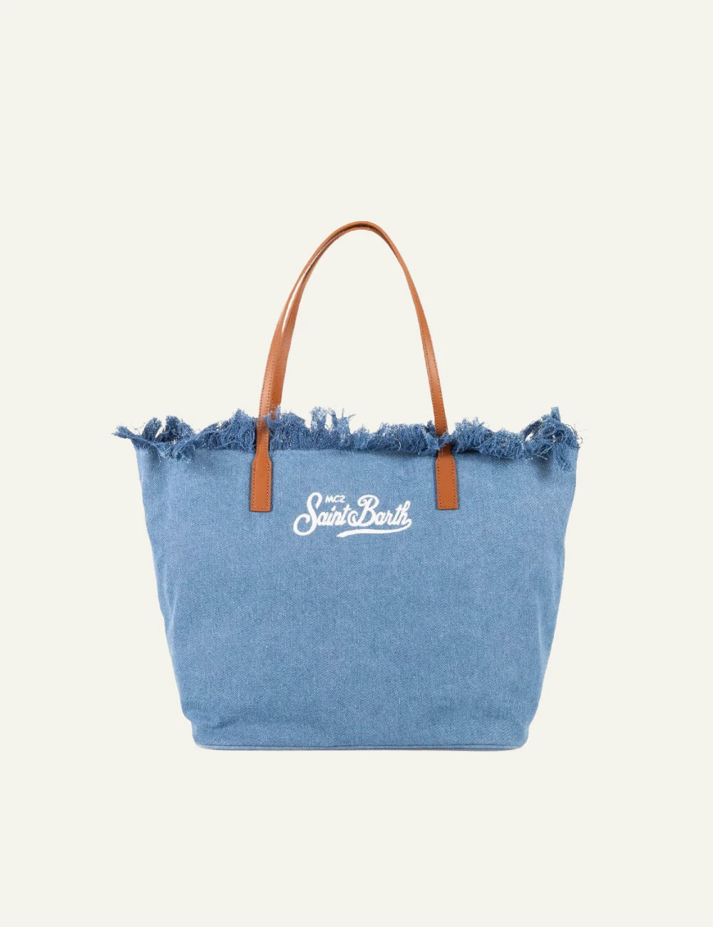 MC2 Saint Barth denim tote bag blue fringe large shoulder bag front view