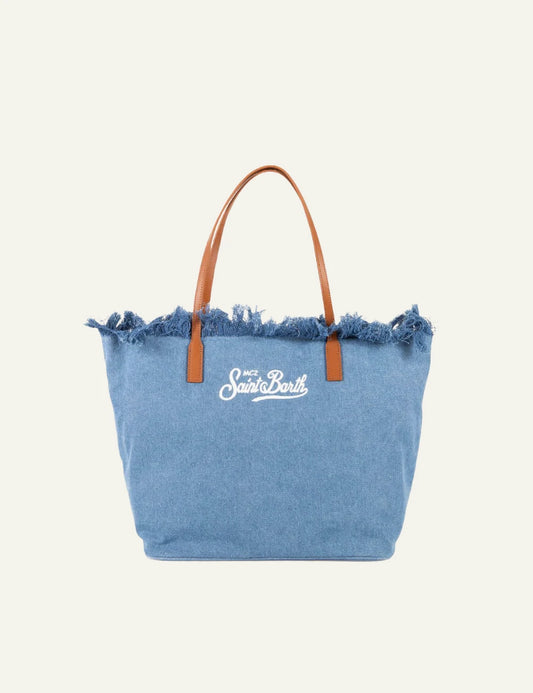 MC2 Saint Barth denim tote bag blue fringe large shoulder bag front view