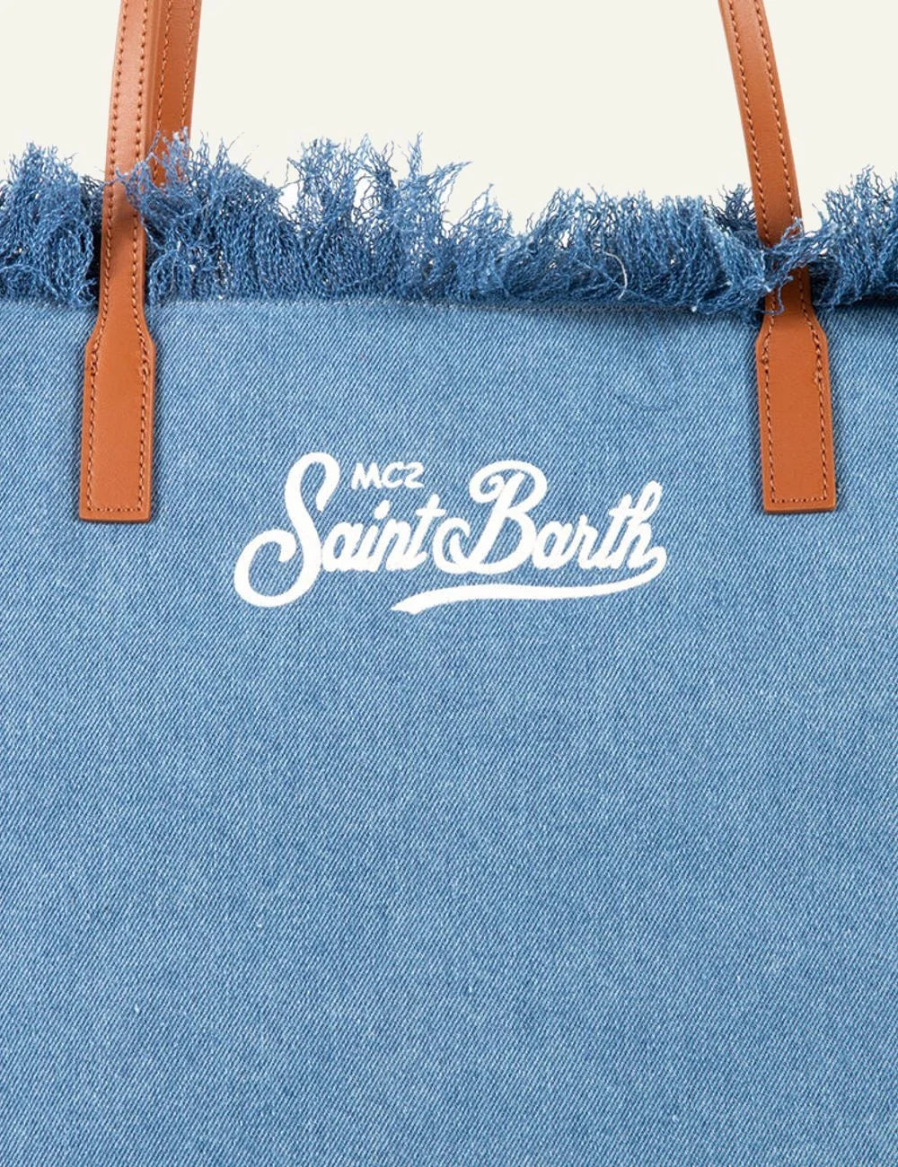 MC2 Saint Barth denim tote bag blue fringe large shoulder bag front logo view