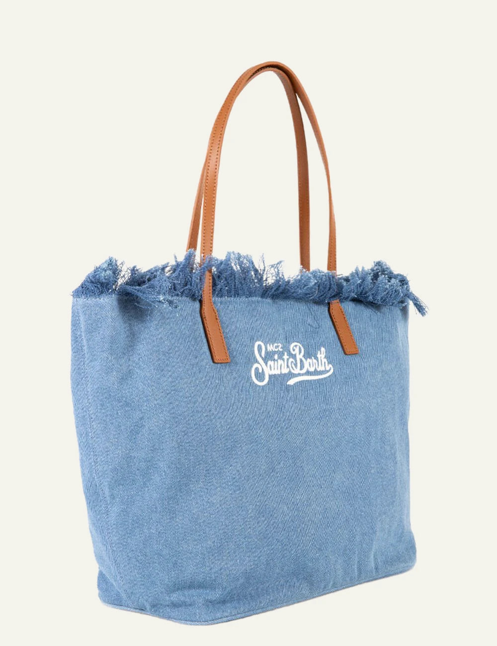 MC2 Saint Barth denim tote bag blue fringe large shoulder bag side detail view