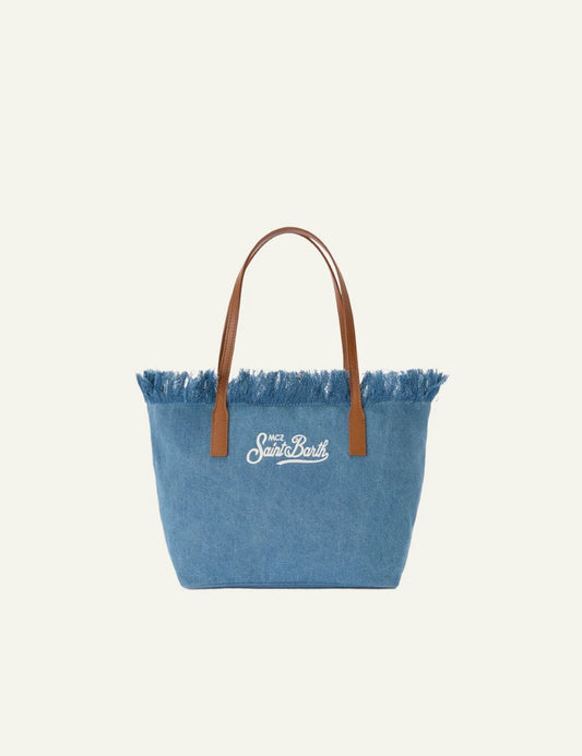 MC2 Saint Barth denim tote bag blue fringe shopper shoulder bag front view