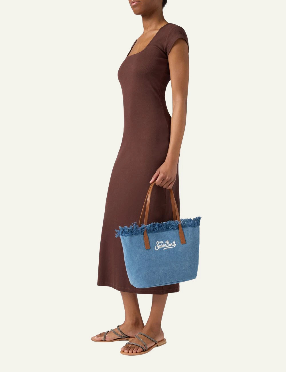 MC2 Saint Barth denim tote bag blue fringe shopper shoulder bag front model view