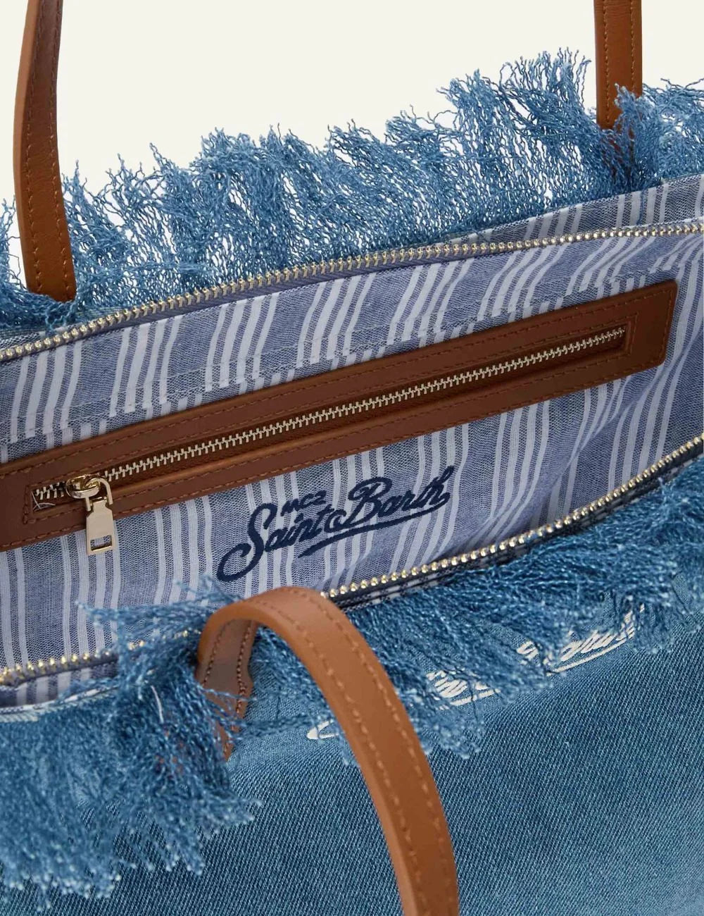 MC2 Saint Barth denim tote bag blue fringe shopper shoulder bag top view
