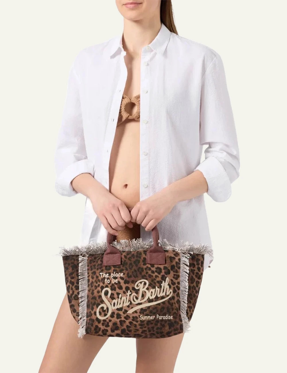 MC2 Saint Barth leopard print mini tote bag with fringe model