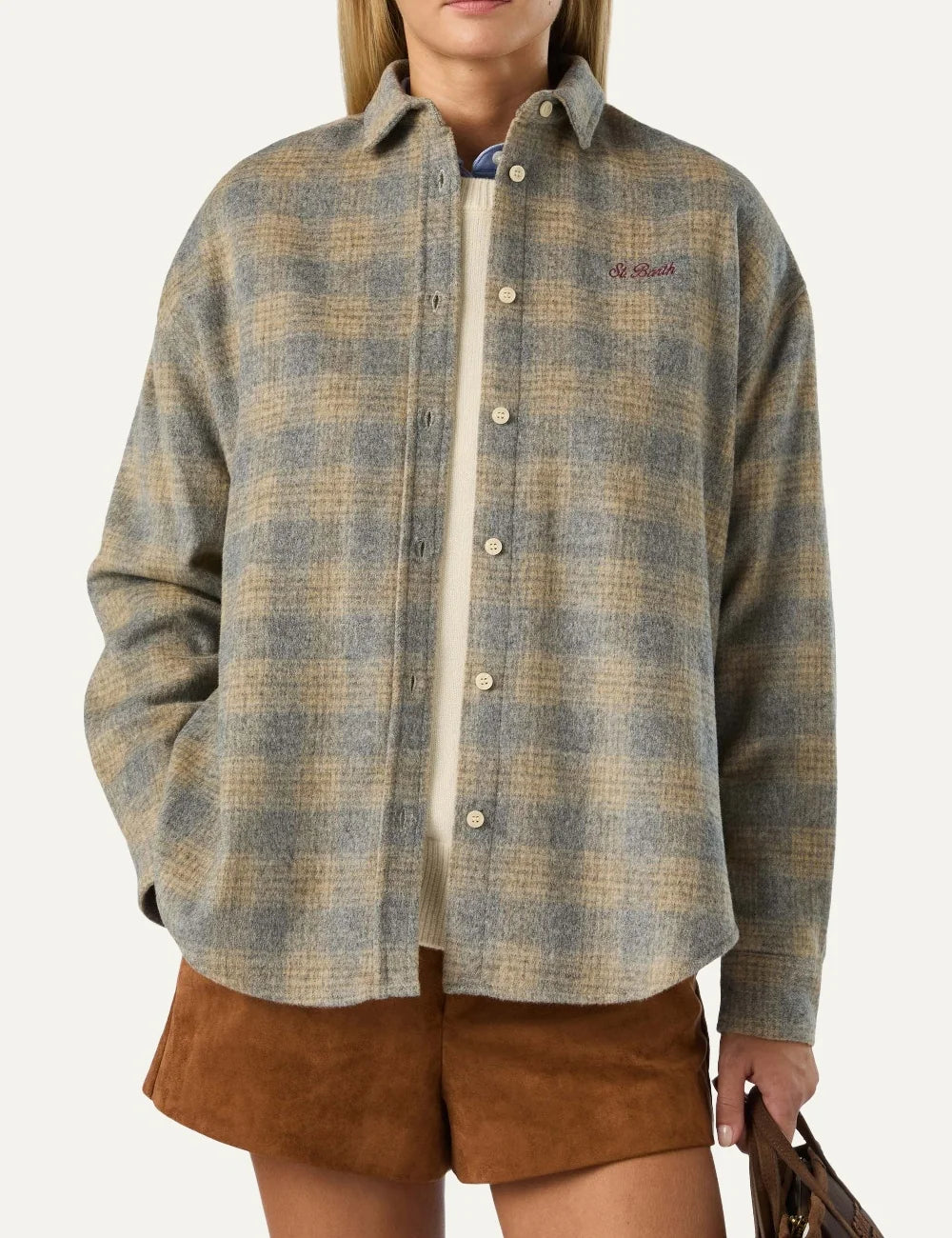 MC2 Saint Barth Lully women's grey and beige tartan wool blend flannel shirt with button front, long sleeves and embroidered chest logo