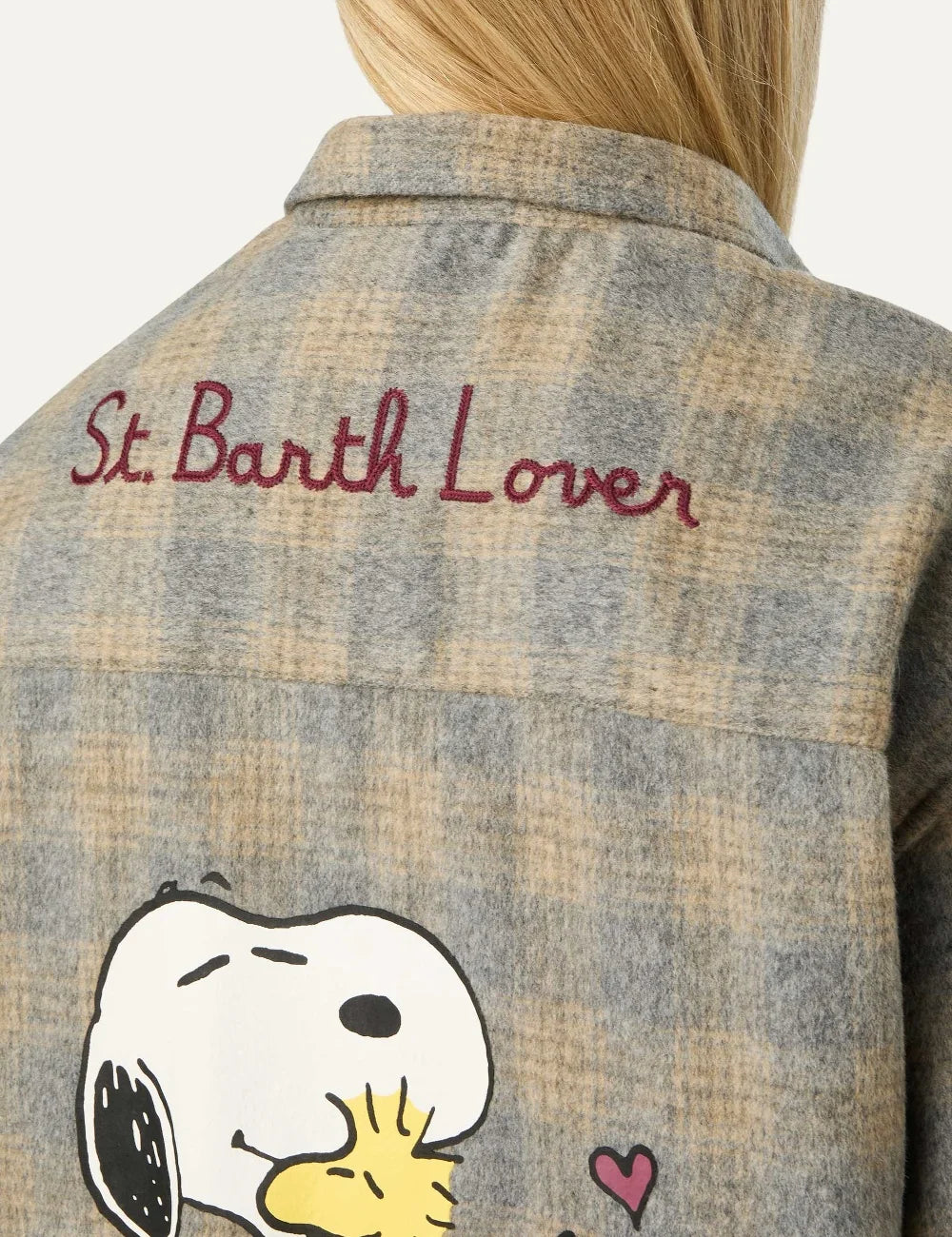 MC2 Saint Barth Lully women's grey and beige tartan wool blend flannel shirt with button front, long sleeves and embroidered chest logo back detail