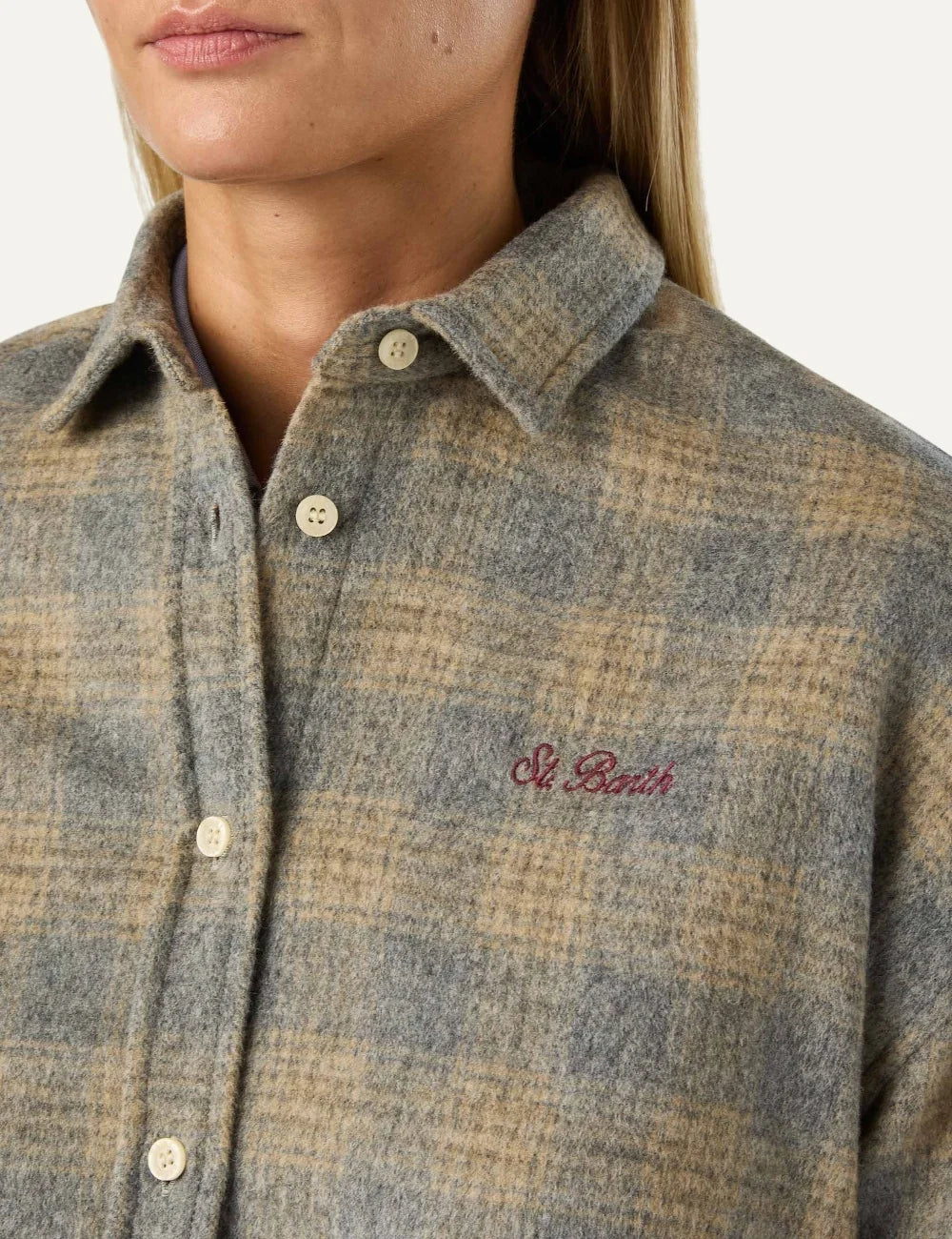 MC2 Saint Barth Lully women's grey and beige tartan wool blend flannel shirt with button front, long sleeves and embroidered chest logo detail