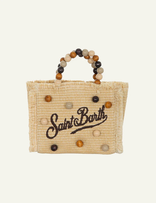 MC2 Saint Barth mini raffia tsanta me xylines xantres kai logo front view