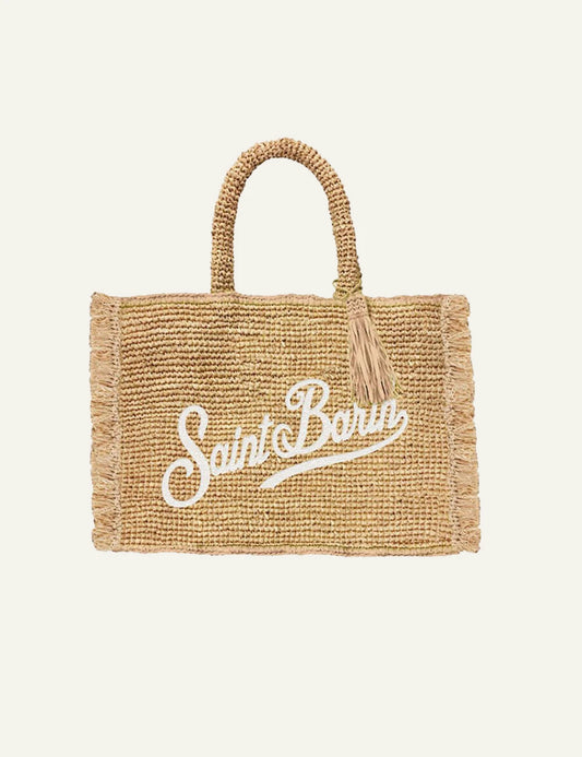 MC2 Saint Barth mini raffia tsanta sandy brown me logo kai tassel front view