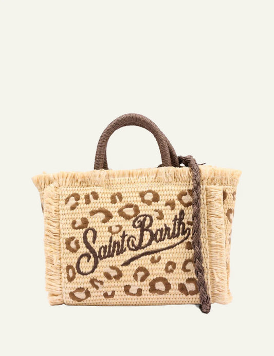 mc2 saint barth mini tote beige leopard straw fringe handles front view