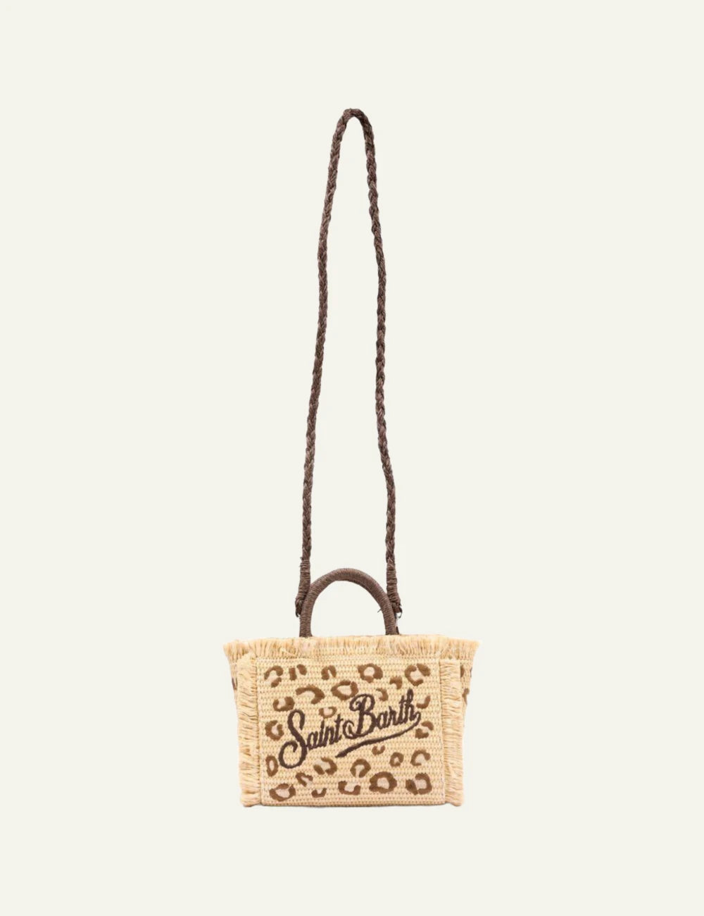 mc2 saint barth mini tote beige leopard straw fringe handles front full body view