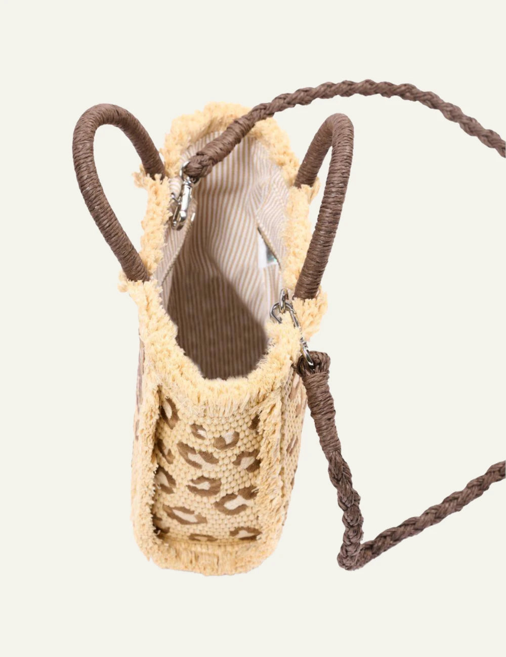 mc2 saint barth mini tote beige leopard straw fringe handles top view