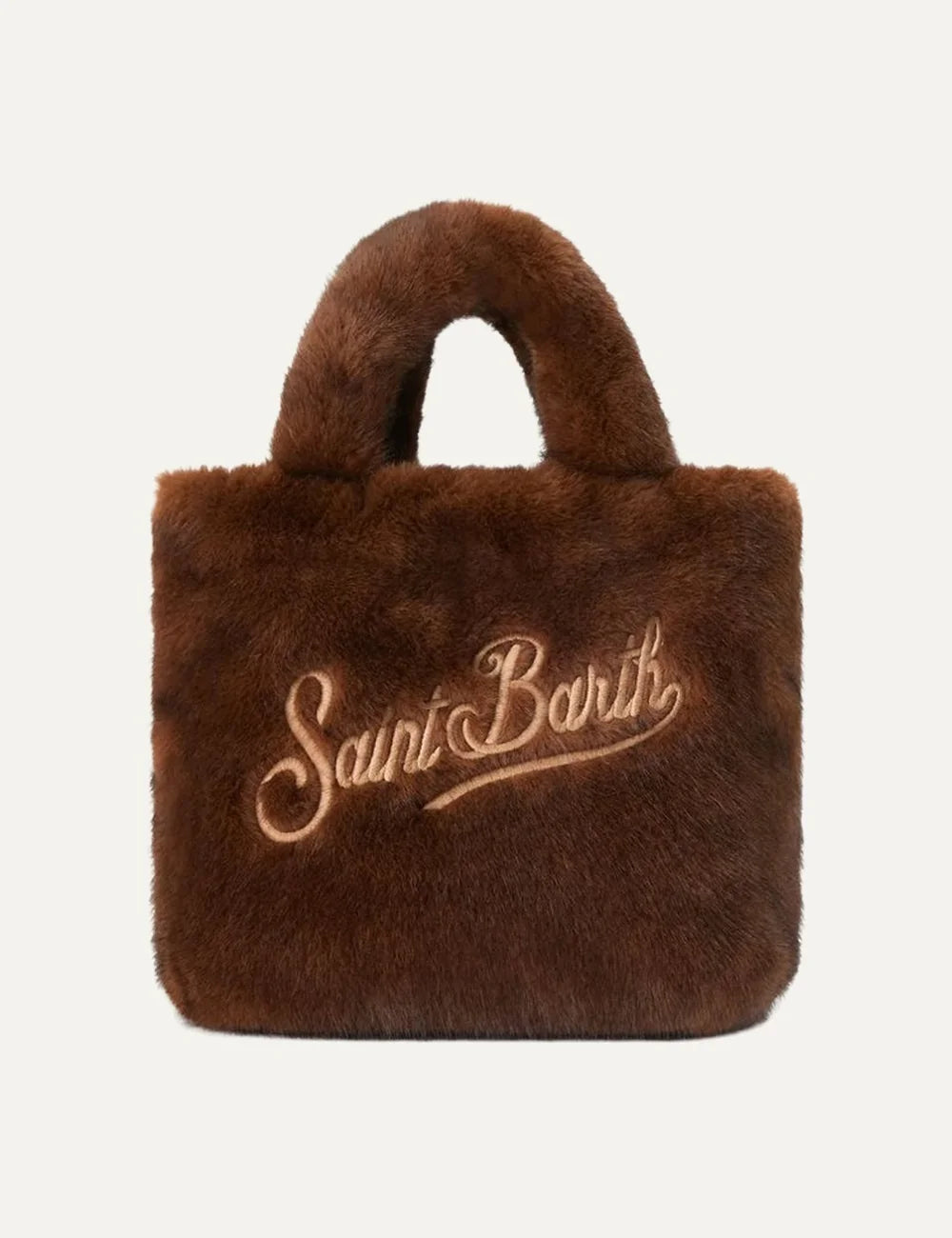 MC2 Saint Barth Mini Vanity Soft brown faux fur handbag with plush top handles and contrasting embroidered Saint Barth logo