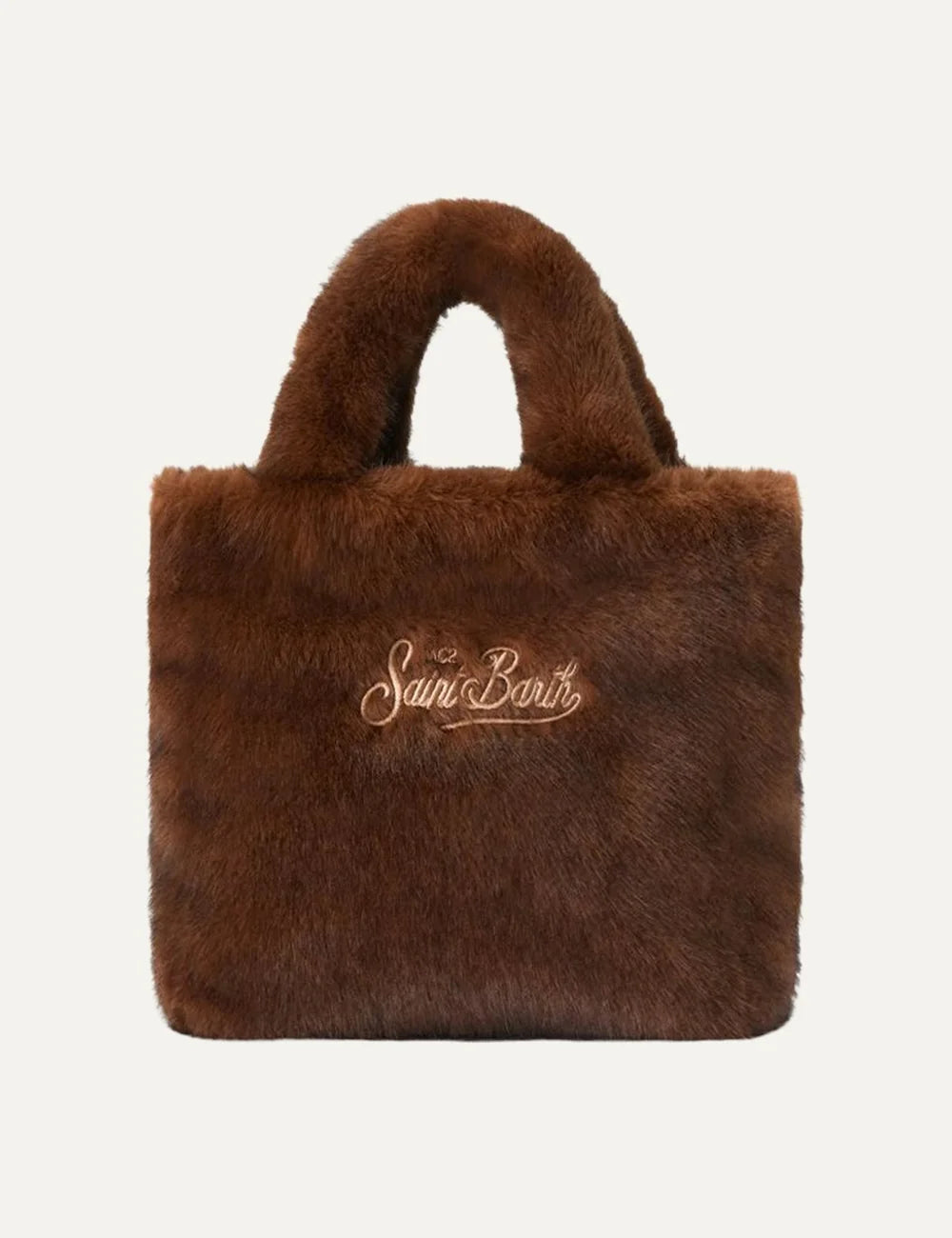 MC2 Saint Barth Mini Vanity Soft brown faux fur handbag with plush top handles and contrasting embroidered Saint Barth logo back