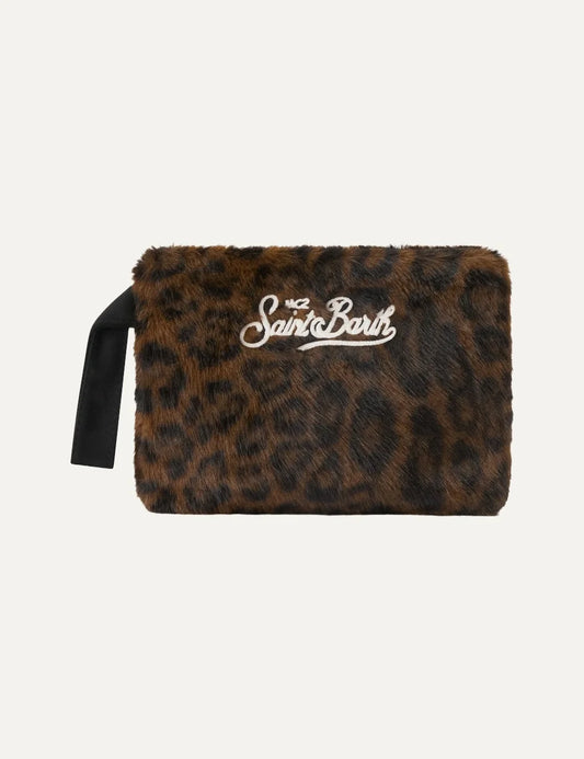 Mc2 Saint Barth Pareasy brown and black leopard print faux fur pouch with cream embroidered logo and black wrist strap