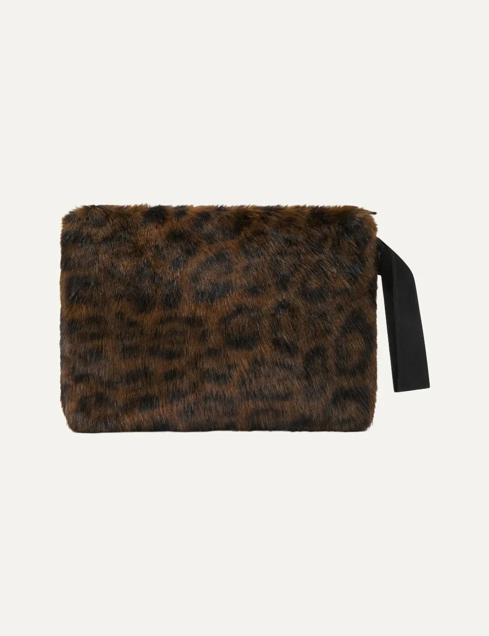 Mc2 Saint Barth Pareasy brown and black leopard print faux fur pouch with cream embroidered logo and black wrist strap back