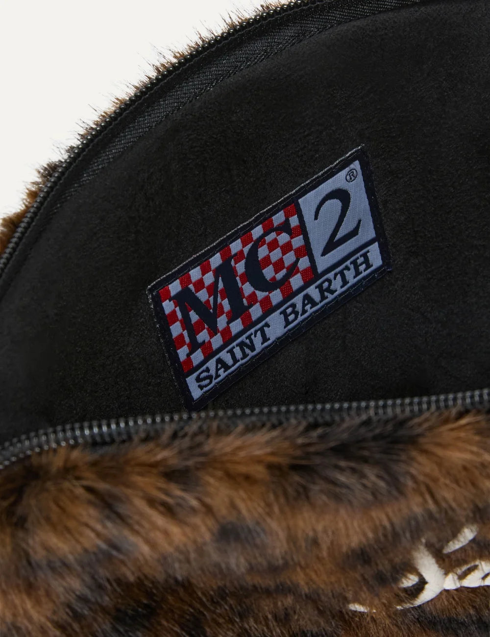 Mc2 Saint Barth Pareasy brown and black leopard print faux fur pouch with cream embroidered logo and black wrist strap top