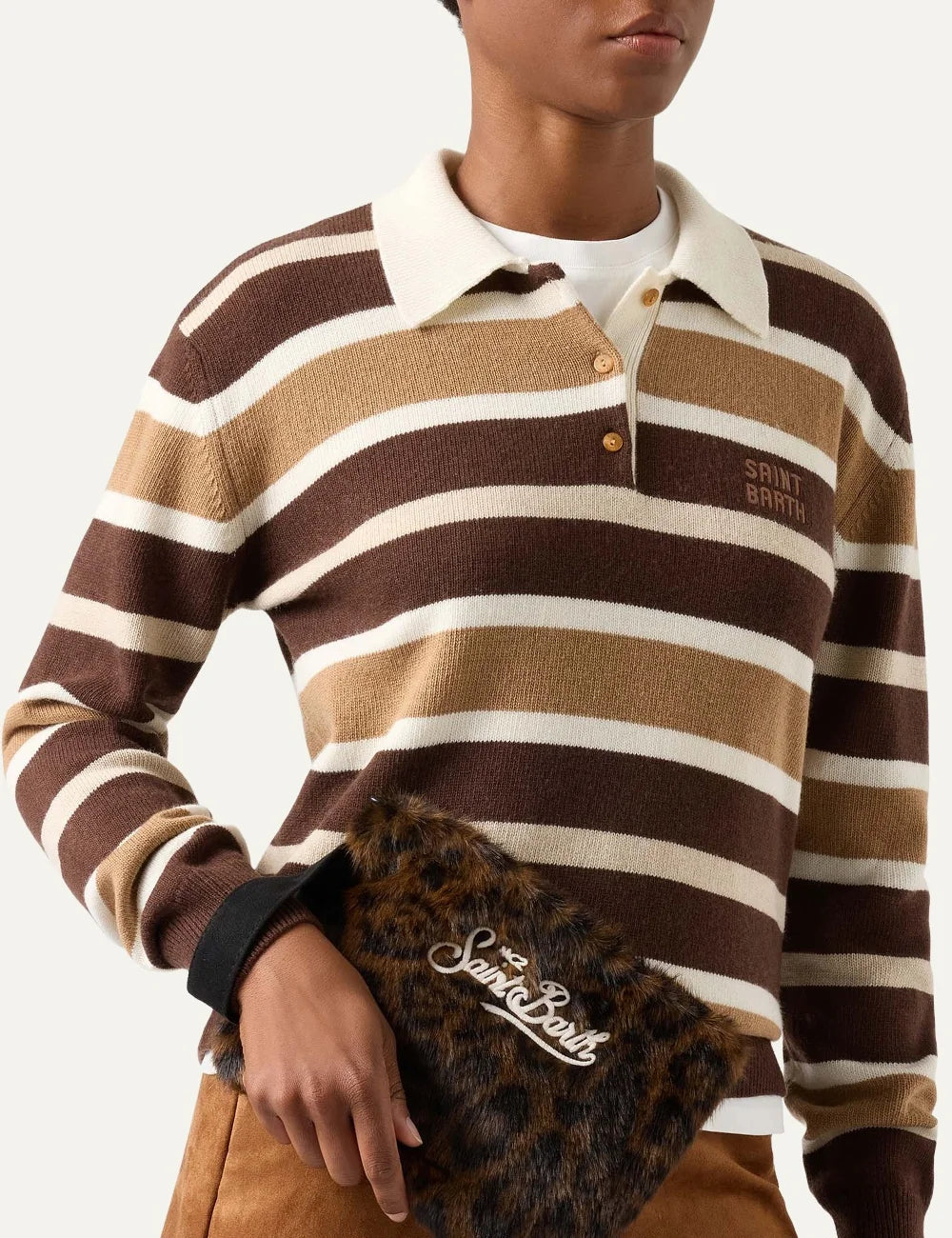 Mc2 Saint Barth Pareasy brown and black leopard print faux fur pouch with cream embroidered logo and black wrist strap model
