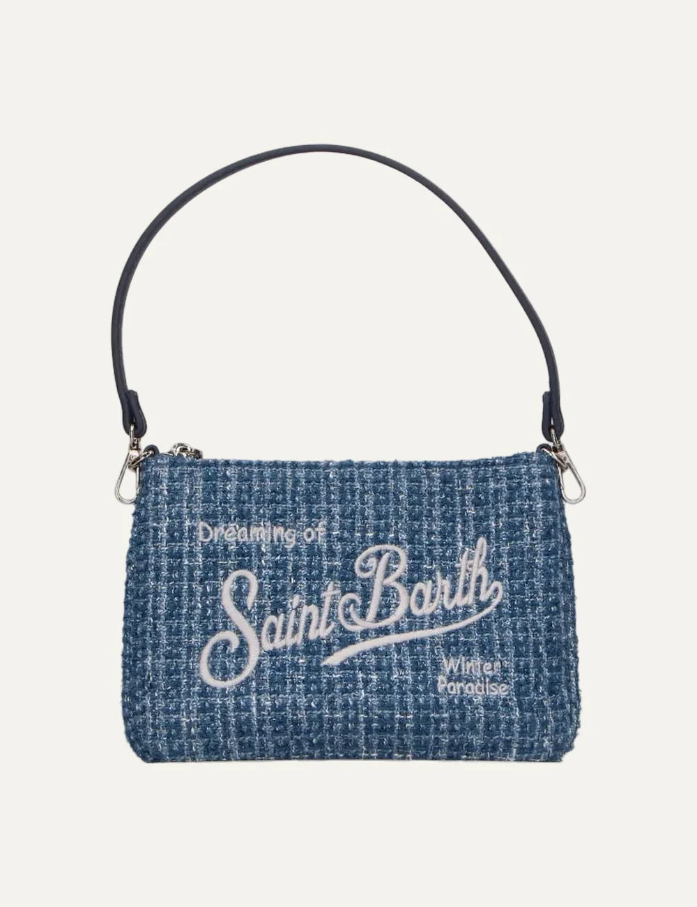 MC2 Saint Barth Parisienne Mini light blue shiny tweed shoulder bag with white embroidered logo and dark detachable handle