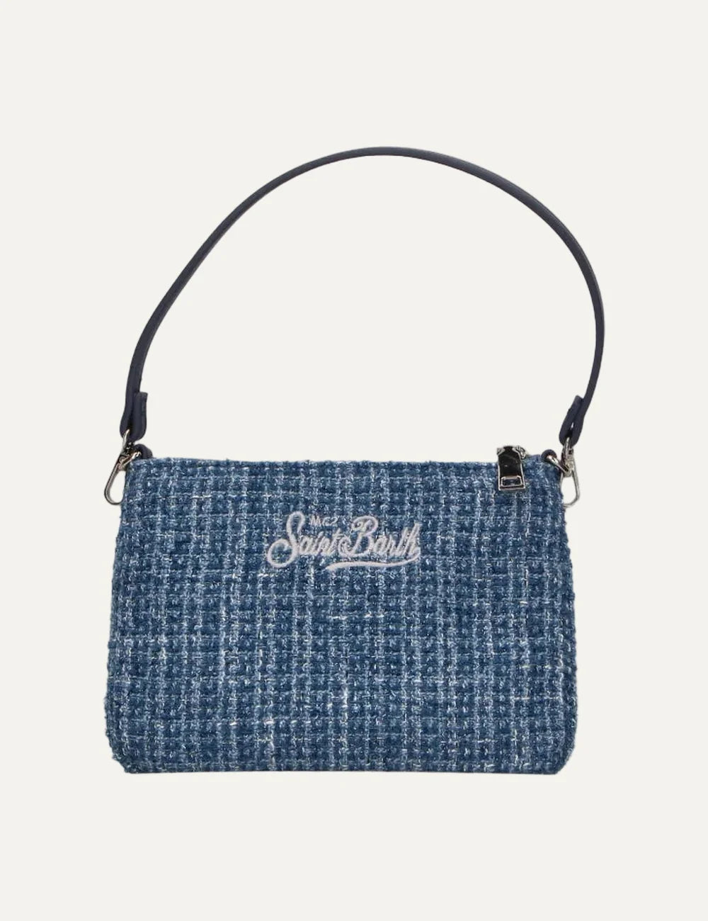 MC2 Saint Barth Parisienne Mini light blue shiny tweed shoulder bag with white embroidered logo and dark detachable handle back
