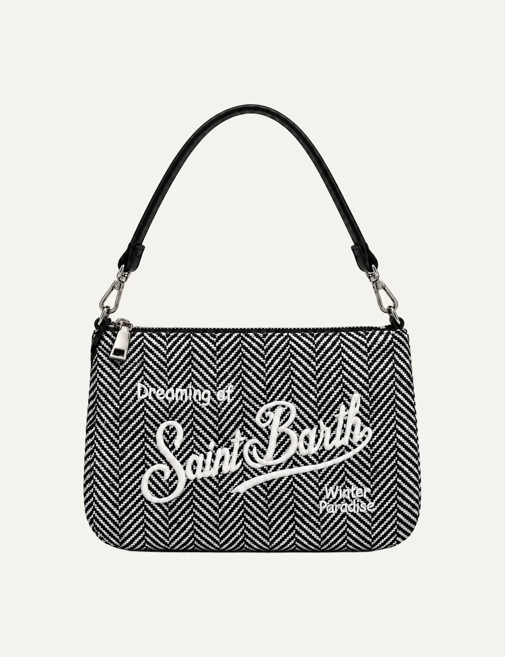 MC2 Saint Barth Parisienne Mini black and cream herringbone shoulder bag with rhinestone details, white embroidered logo and black handle