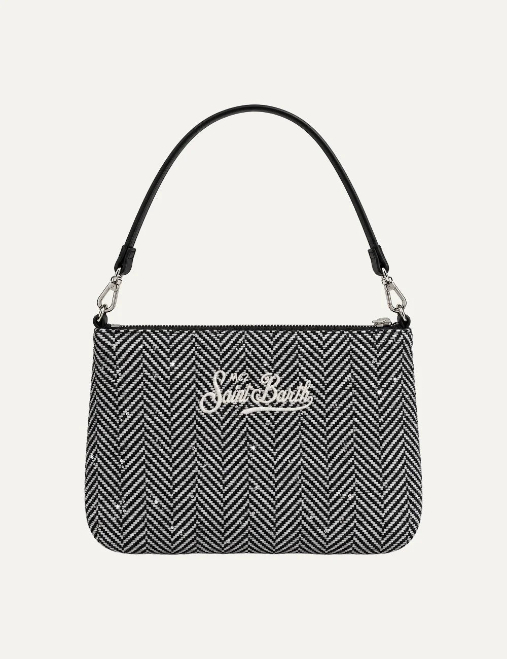 MC2 Saint Barth Parisienne Mini black and cream herringbone shoulder bag with rhinestone details, white embroidered logo and black handle back