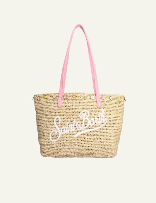 MC2 Saint Barth raffia tote me pink handles kai flower details