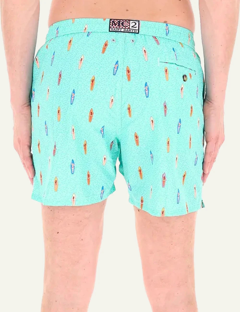 MC2 Saint Barth surfer board print swim shorts turquoise back view