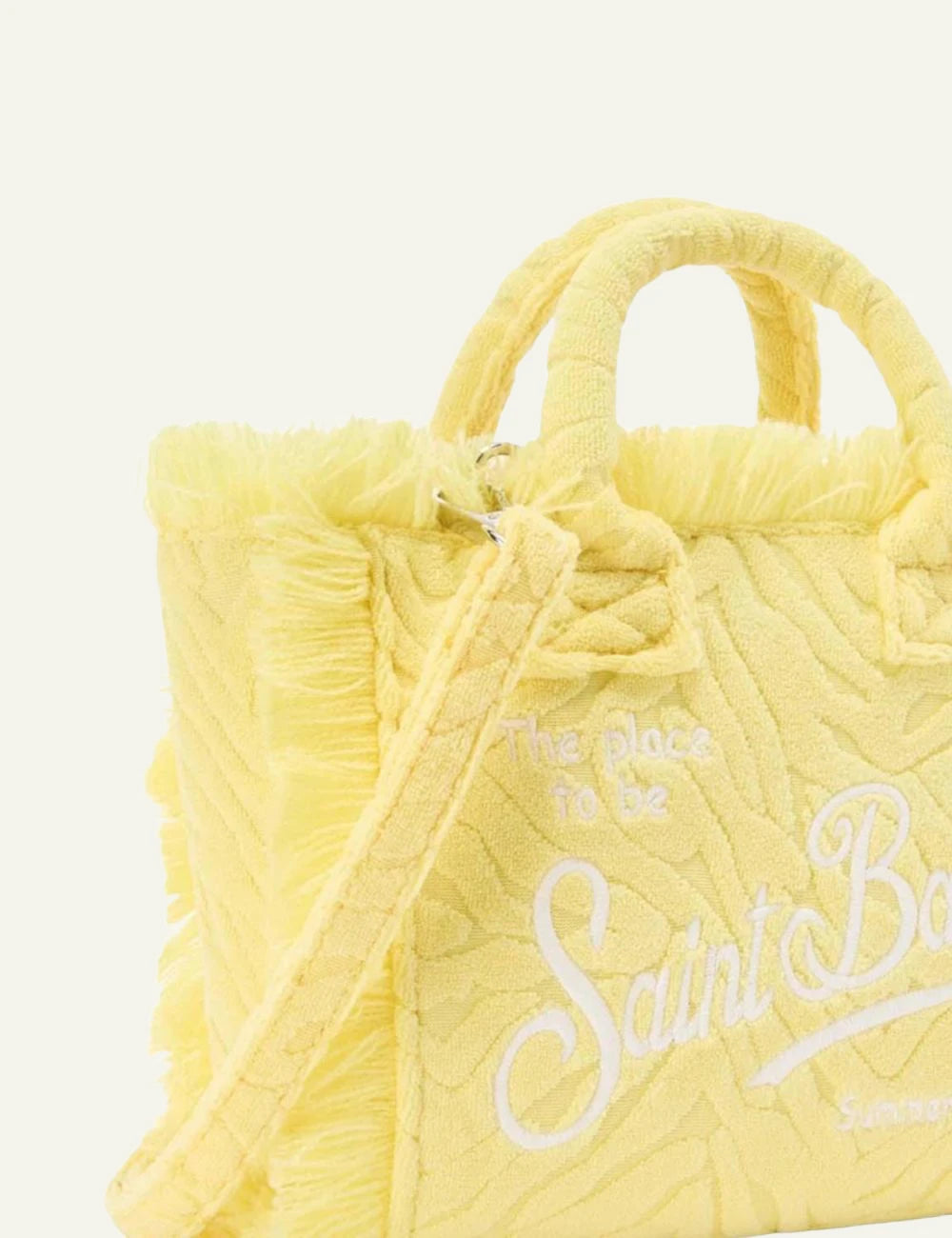MC2 Saint Barth terry tote bag yellow embossed logo fringes front model view