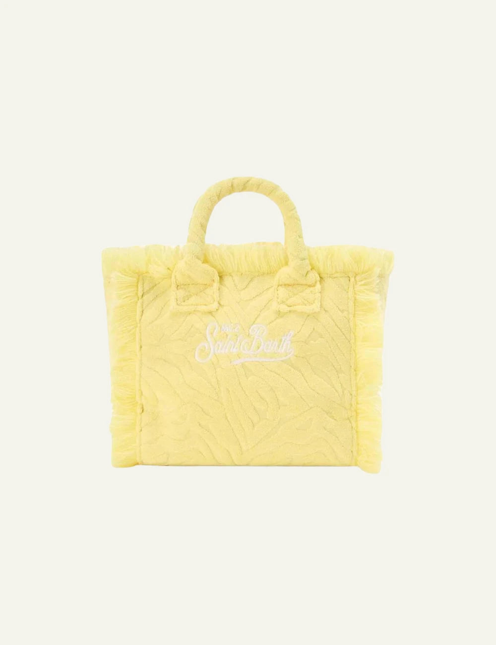 MC2 Saint Barth terry tote bag yellow embossed logo fringes front view