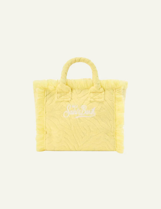 MC2 Saint Barth terry tote bag yellow embossed logo fringes front view
