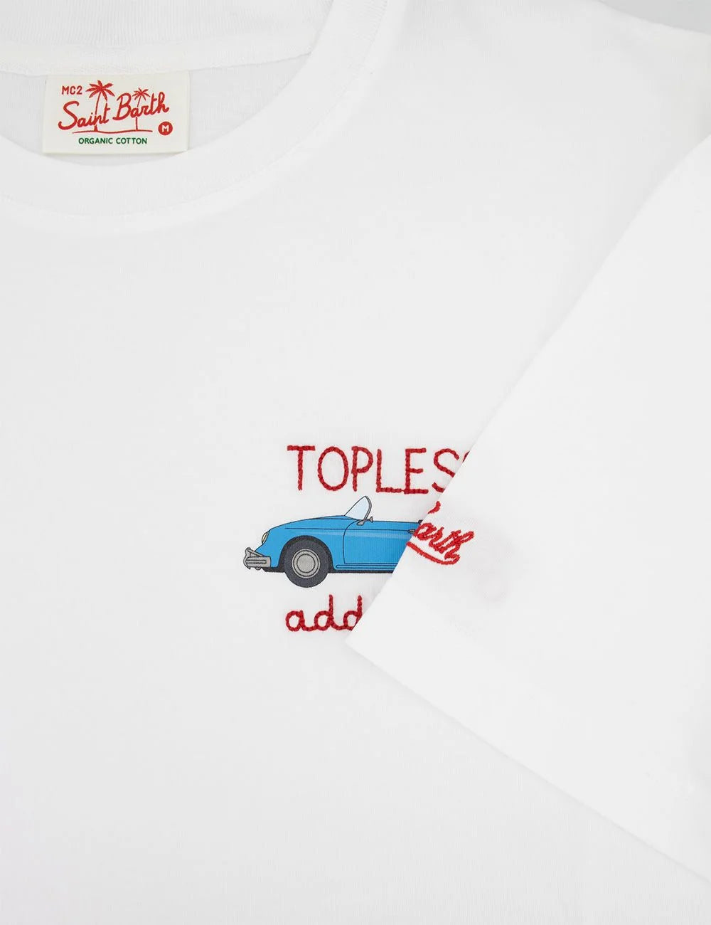 mc2 saint barth topless addicted t-shirt white car embroidery front detail view