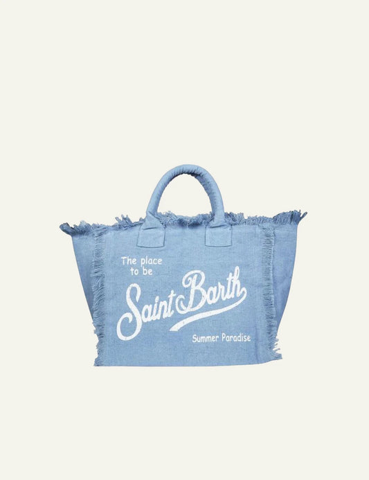 MC2 Saint Barth tote bag blue canvas logo fringed edges front view
