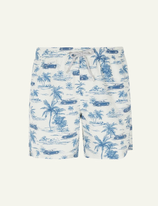 MC2 Saint Barth tropical car print swim shorts blue white front view